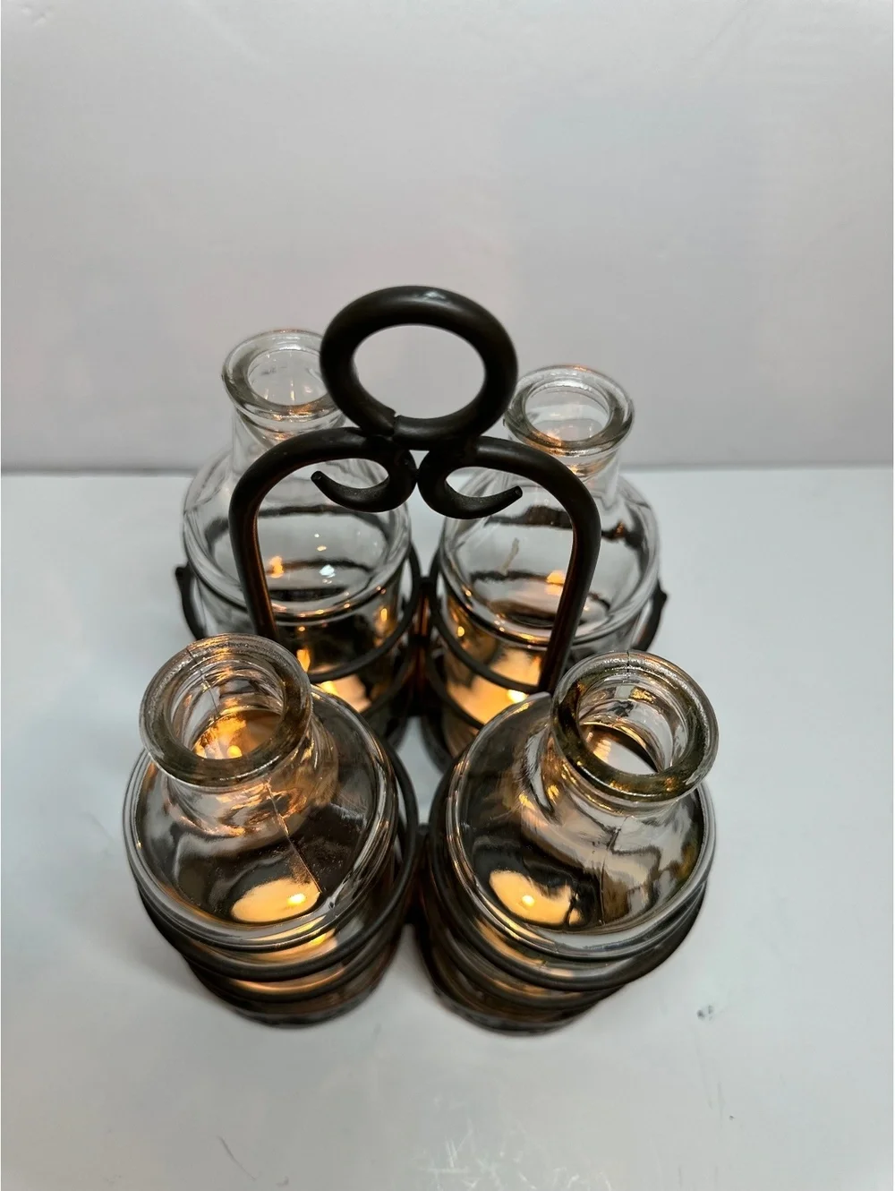 Vintage Rustic Centerpiece 4 Clear Glass Bottles Black Metal Candle Holder